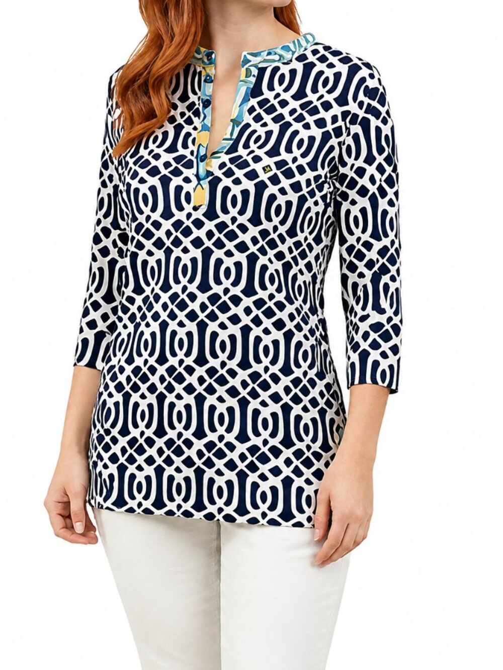 J. McLaughlin Catalina Cloth 3/4 Sleeve Tunic Top Navy Blue Geo XL